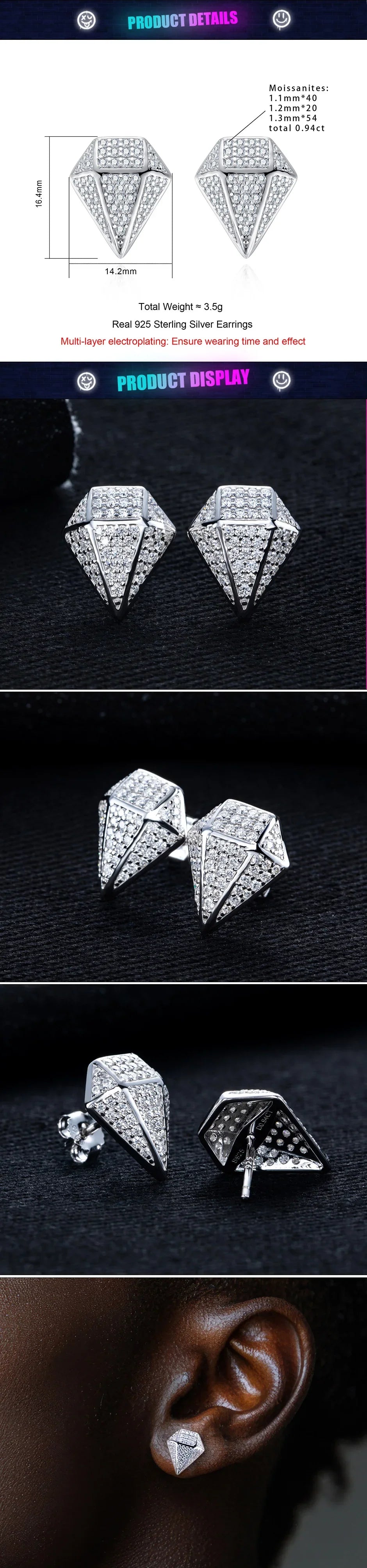 MossanRappr 0.94cttw Moissanite Eleganti orecchini a rombo in argento sterling 925 D Colore ghiacciato Gioielli Hip Hop per uomo Donna