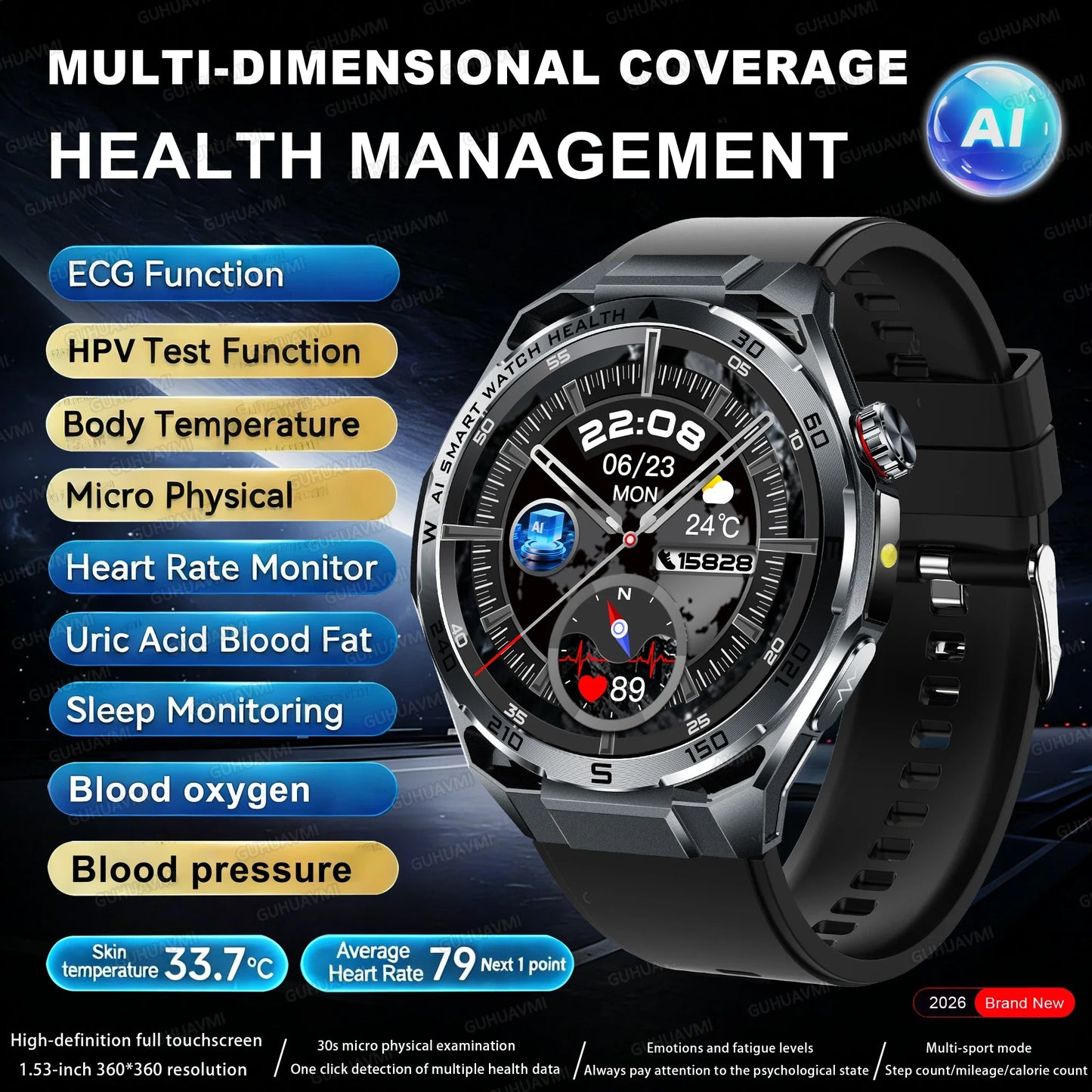 Nuovo Smartwatch 2026 con Analisi AI del Grasso Corporeo, ECG+PPG, Acido Urico, Pressione Sanguigna, Ossigeno nel Sangue, Chiamate, Schermo AMOLED per Uomini e Donne