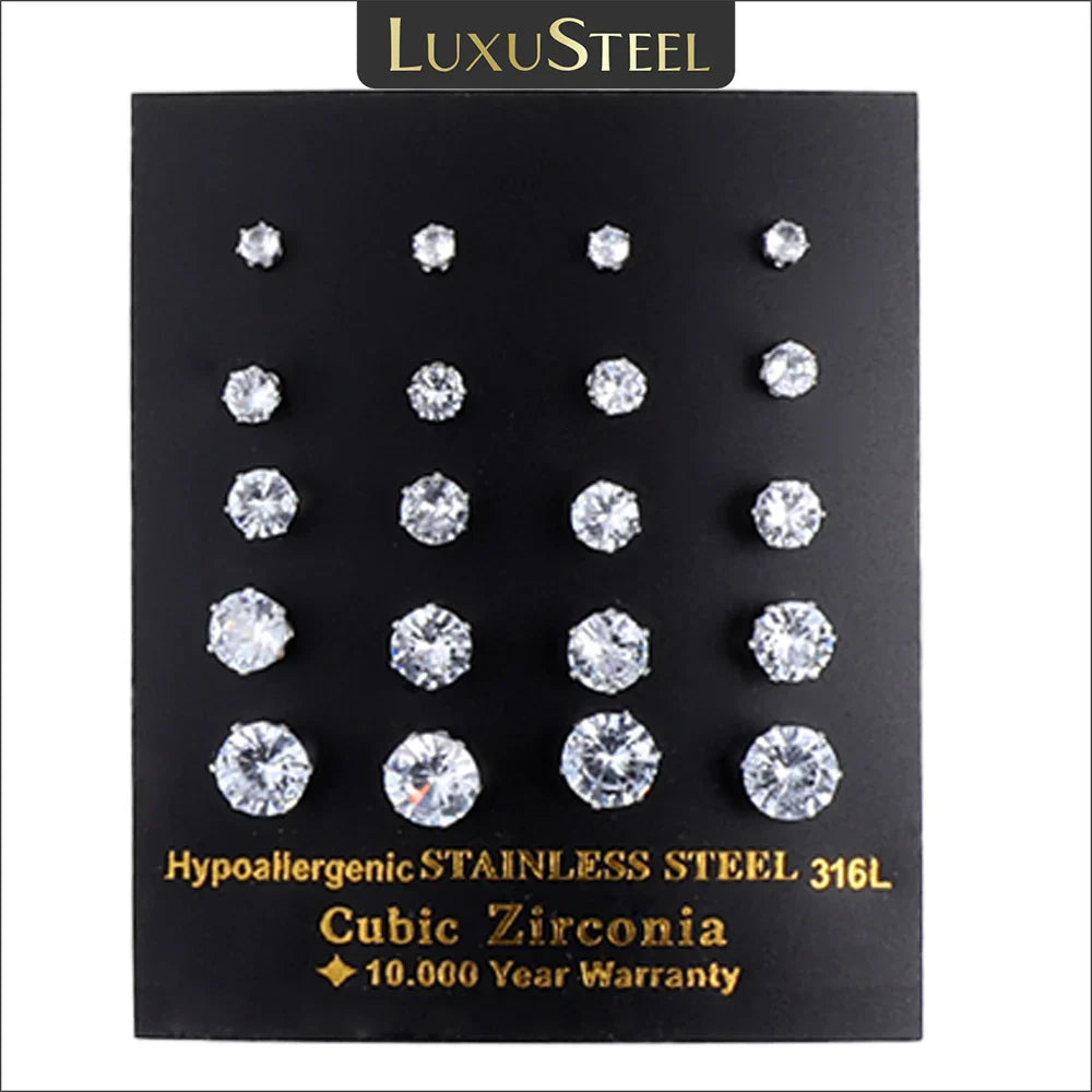 LUXUSTEEL 10 paia/set 3-10mm Orecchini in cristallo bianco trasparente per donna uomo Acciaio inossidabile Zircone CZ Piercing all'orecchio all'ingrosso