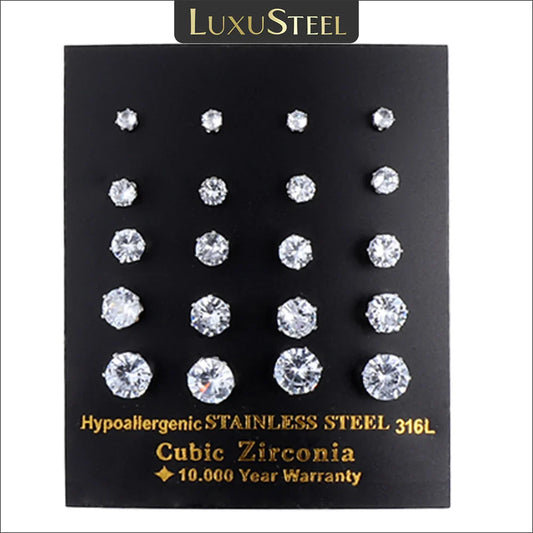 LUXUSTEEL 10 paia/set 3-10mm Orecchini in cristallo bianco trasparente per donna uomo Acciaio inossidabile Zircone CZ Piercing all'orecchio all'ingrosso