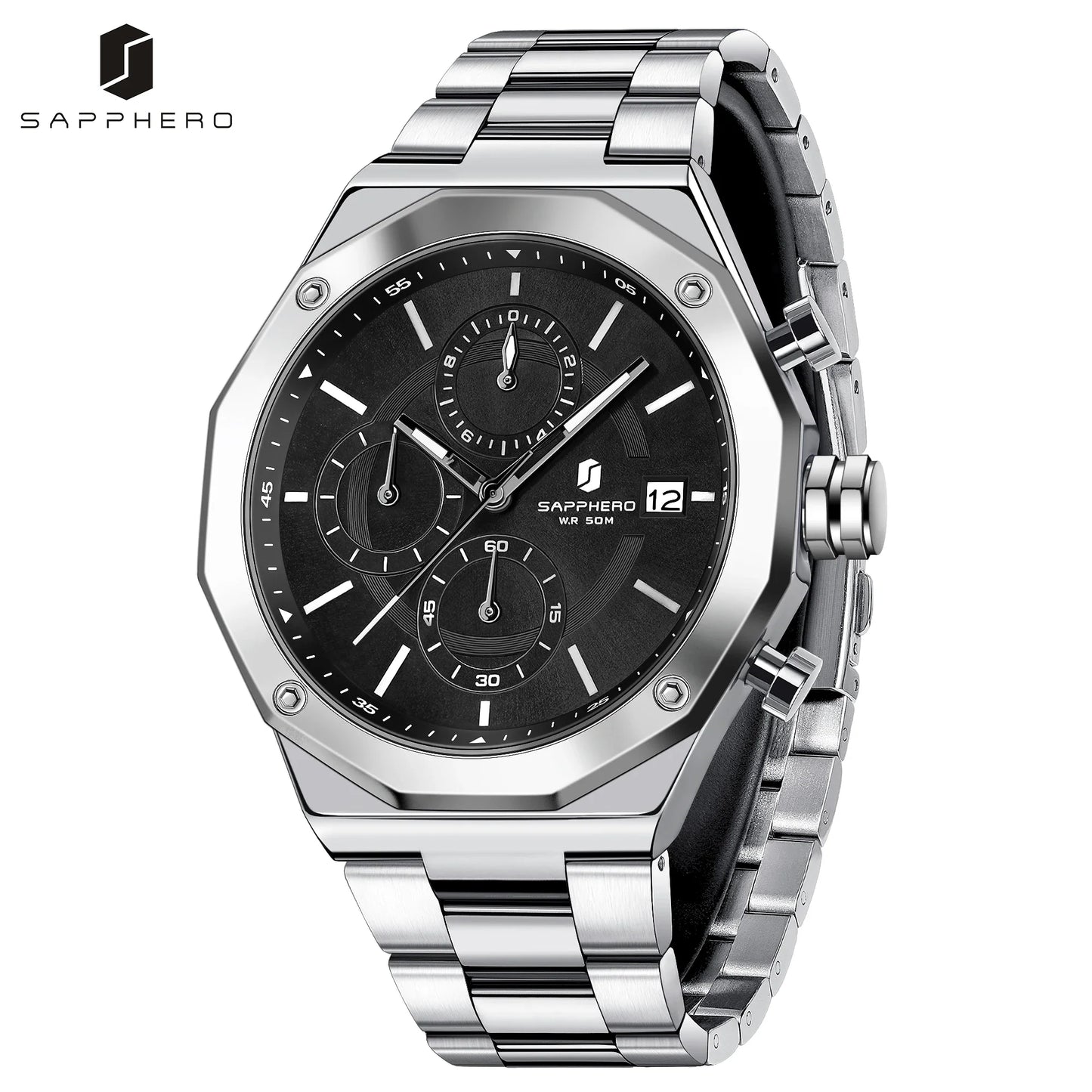 SAPHERO Orologio Cronografo Uomo al Quarzo 5ATM Impermeabile Acciaio Inox con Data, Regalo Perfetto per Padre, Marito, Fidanzato per Natale, Compleanno, San Valentino