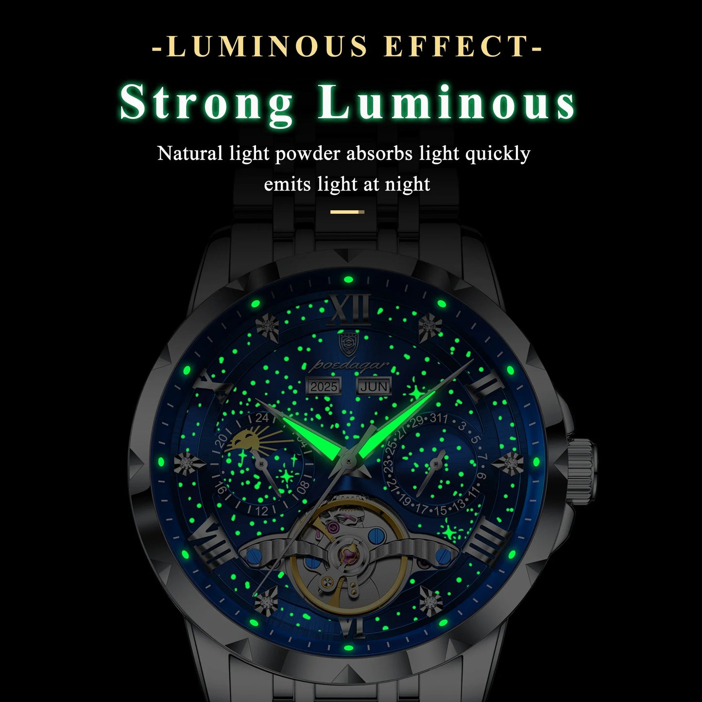 POEDAGAR Top Orologio da uomo originale Orologio meccanico automatico da uomo in acciaio inossidabile Calendario Hollow Tourbillon Orologio da uomo Maschio + scatola