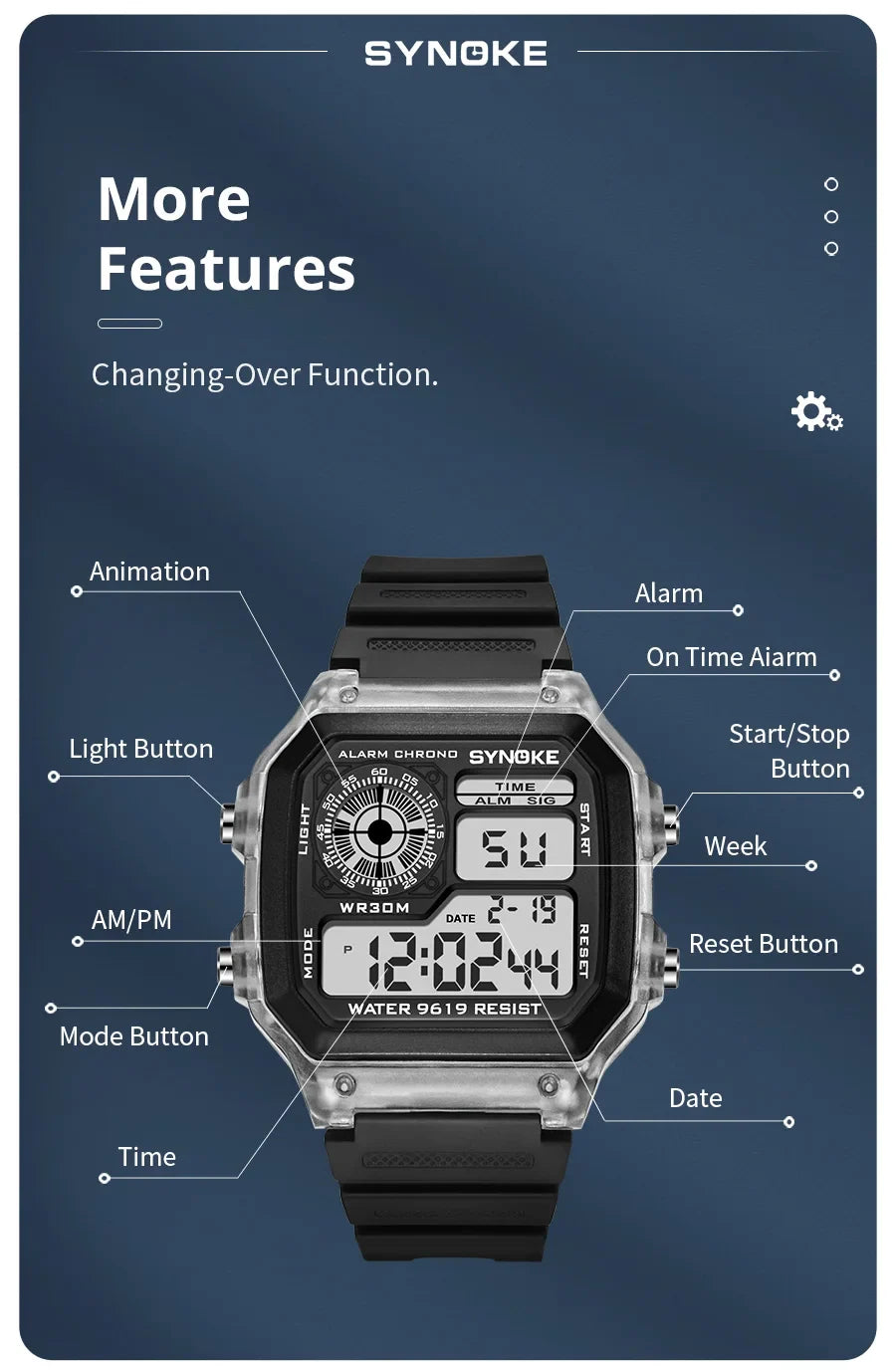SYNOKE Digital Watches uomo sport luminoso multifunzione impermeabile orologio da polso da donna all'aperto e in esecuzione studente sette luci
