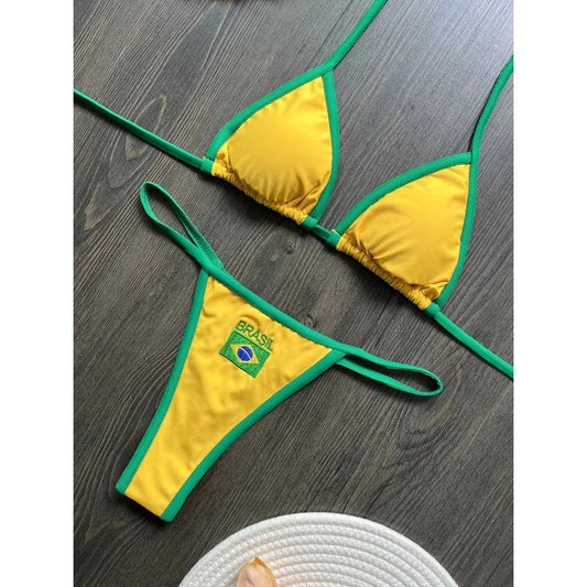 Costume da Bagno Bikini Brasiliano Ricamato a Contrasto con Patchwork per Donna - Set Estivo da Spiaggia