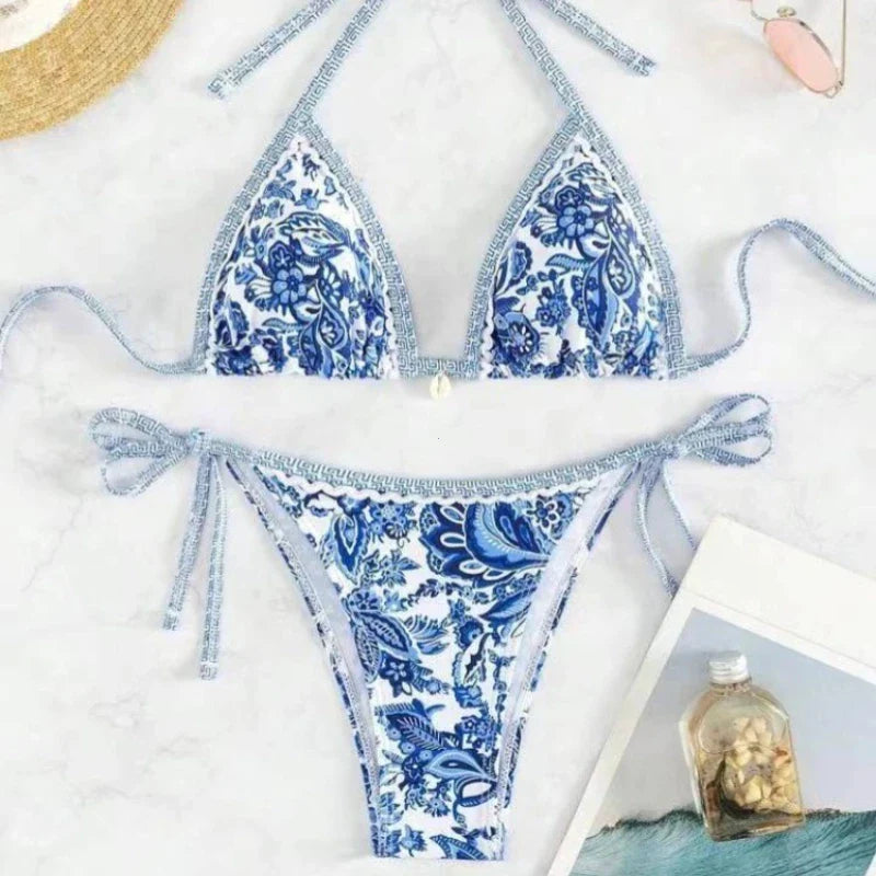 Bikini a triangolo con laccetti, costume da bagno due pezzi da donna, abbigliamento da spiaggia estivo
