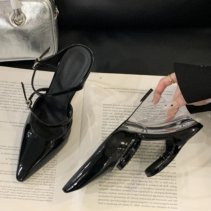 Liyke New Fashion Transparent Wedge Slippers Women Pumps Patent Leather Pointed Toe Buckle Strap Designer High Heels Mules Shoes