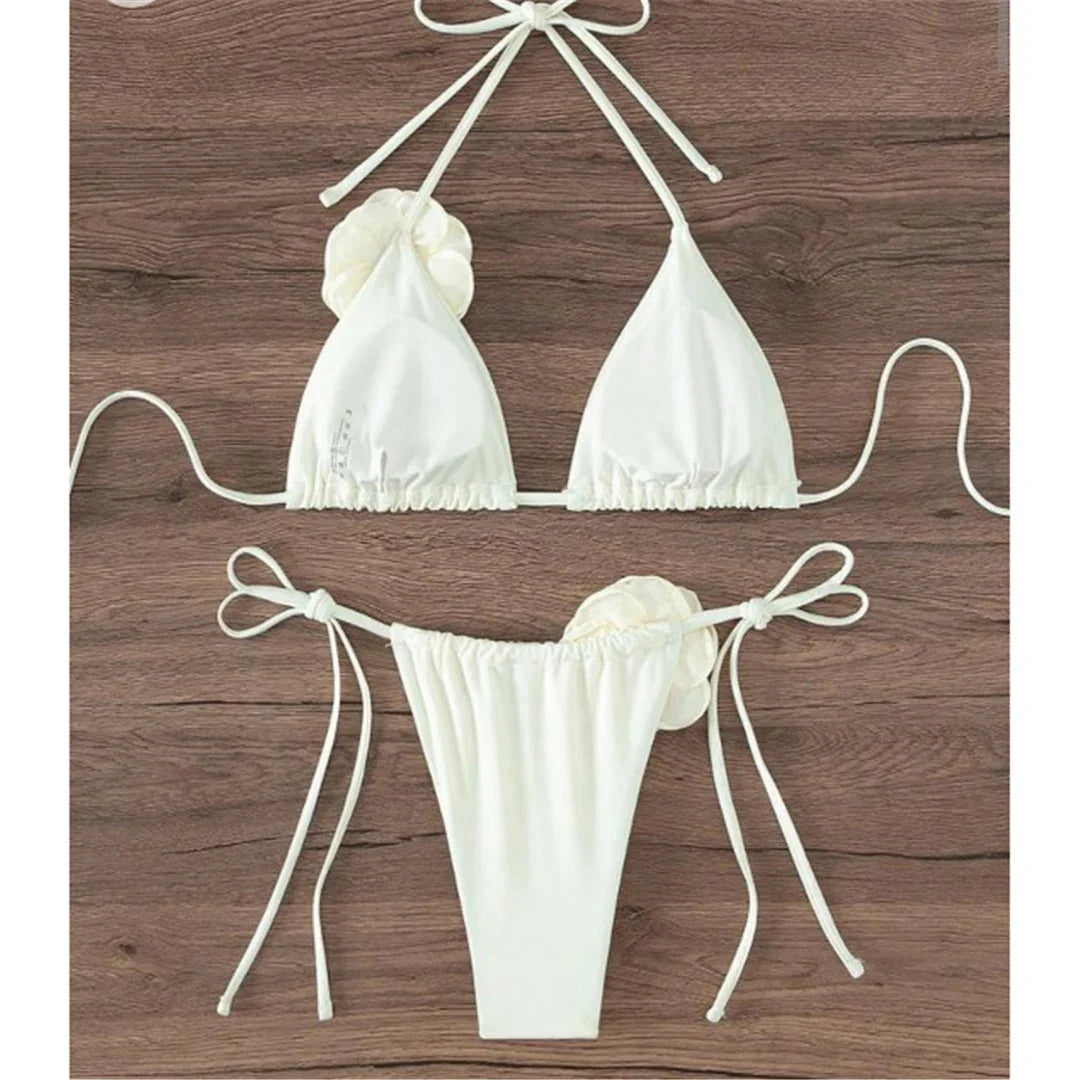 Costume da Bagno Sexy con Fiori e Fascia, Bikini a Perizoma 2025, Costumi da Bagno Donna con Lacci, Set Bikini Brasiliano, Biquini Mujer