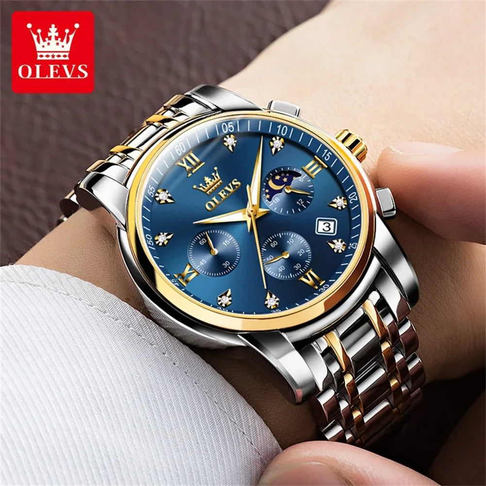 OLEVS 2858 Orologio da Uomo in Acciaio Inossidabile, Impermeabile, Antigraffio, con Fasi Lunari, Luminoso, Cronografo, Orologio da Polso al Quarzo di Lusso