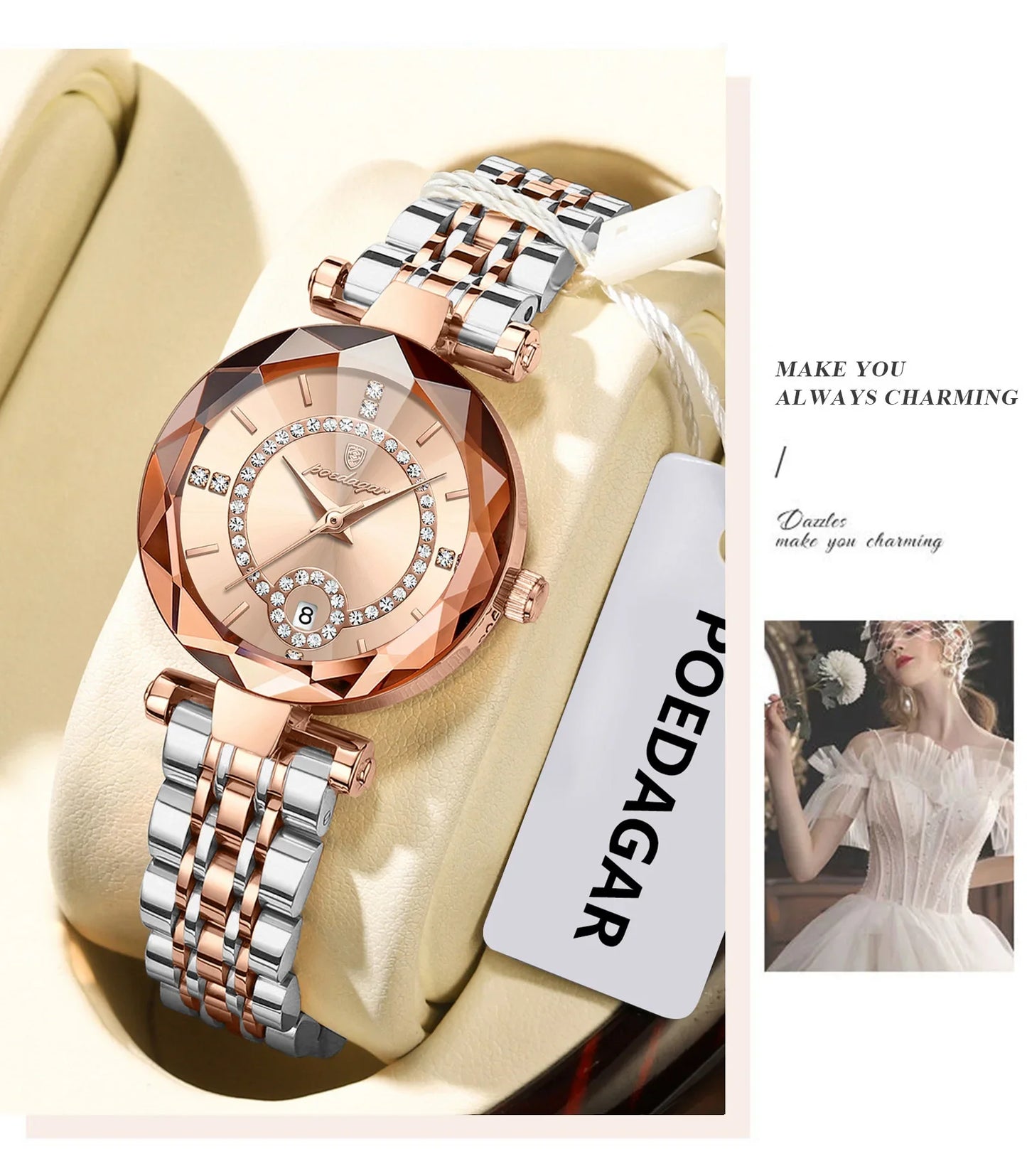 POEDAGAR Orologio da polso originale alla moda per donna Orologio da donna al quarzo con data in acciaio inossidabile impermeabile Orologi da donna casual di lusso