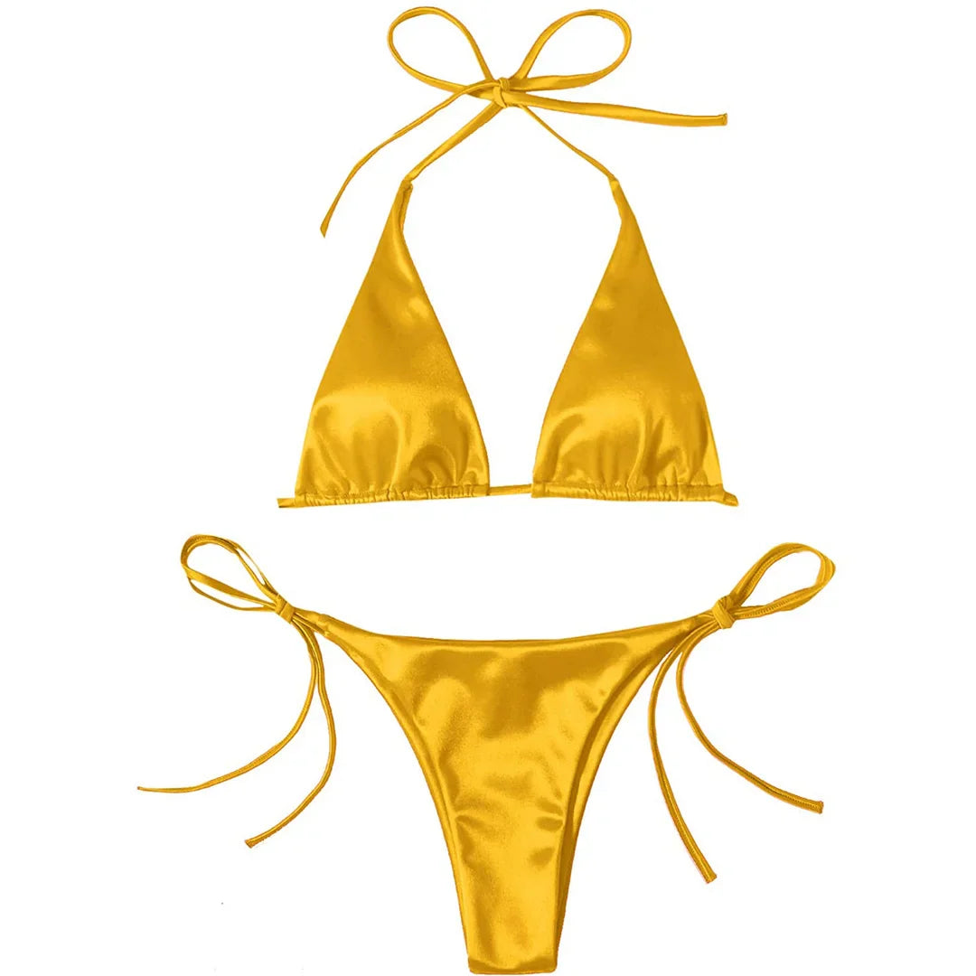Sexy 13 colori Halter Satin Bikini brasiliano Donna Costumi da bagno Costume da bagno femminile Bikini a due pezzi Bagnante Costume da bagno Swim V4966