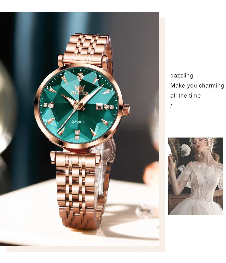 OLEVS 5536 Orologio da donna al quarzo con diamanti di marca di lusso Moda elegante orologio da donna impermeabile in oro rosa con bracciale Set Reloj Mujer
