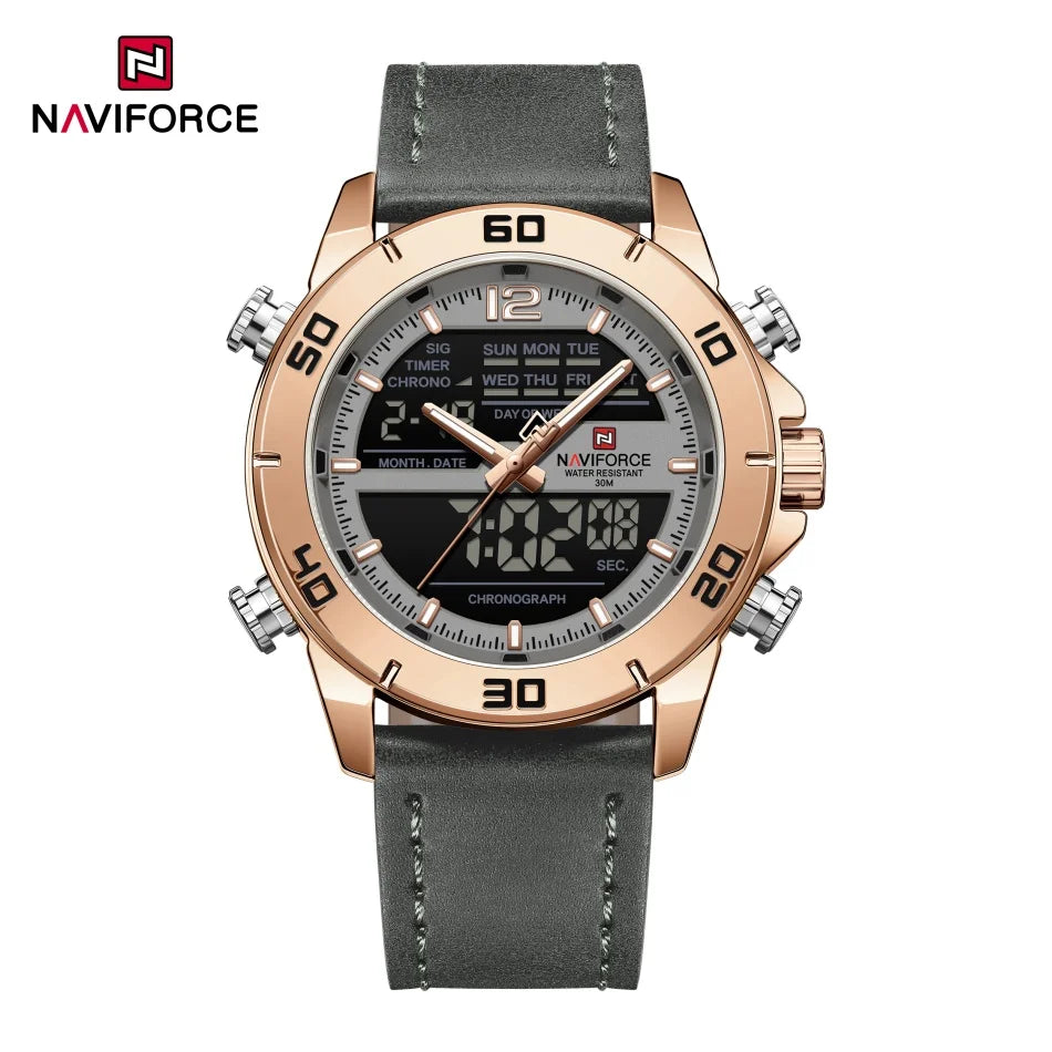 NAVIFORCE Orologio alla moda da uomo con cinturino in vera pelle Movimento al quarzo resistente all'acqua 30M Display luminoso con giorno e data F
