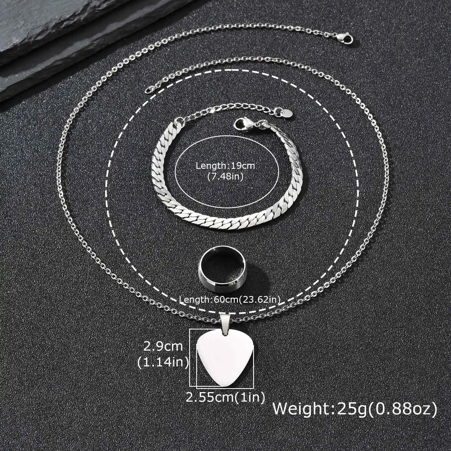Set di 3 Pezzi: Collana con Ciondolo a Forma di Plettro per Uomo, Bracciale con Catena Cubana Piatta Stile Rock Punk, Set di Gioielli Classici da Uomo, Idea Regalo