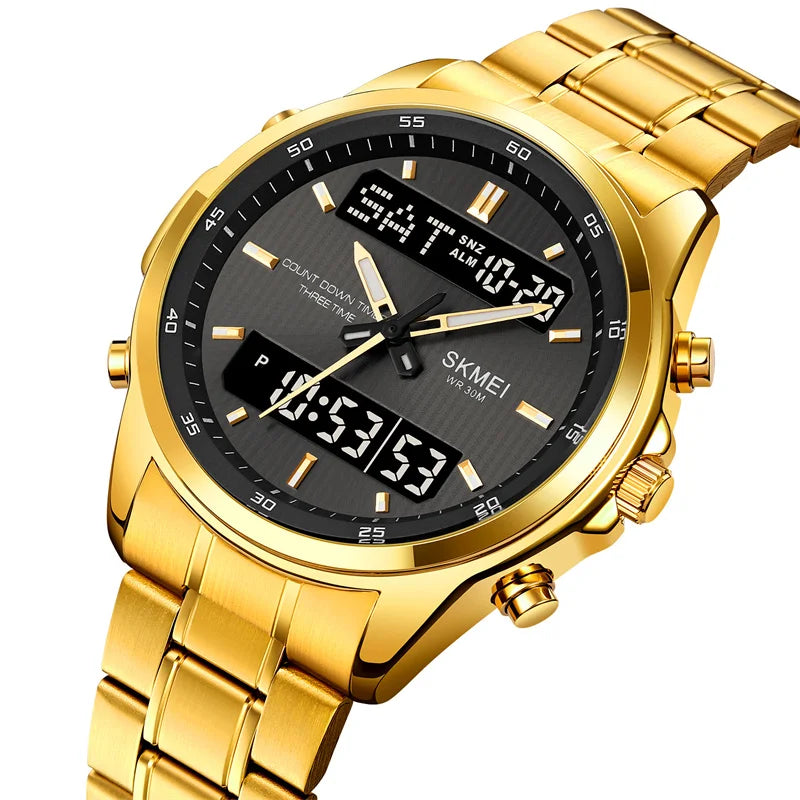 Skmei orologio da polso analogico al quarzo da uomo cinturino in acciaio inossidabile di lusso Led impermeabile digitale sportivo sveglia a tre fusi orari