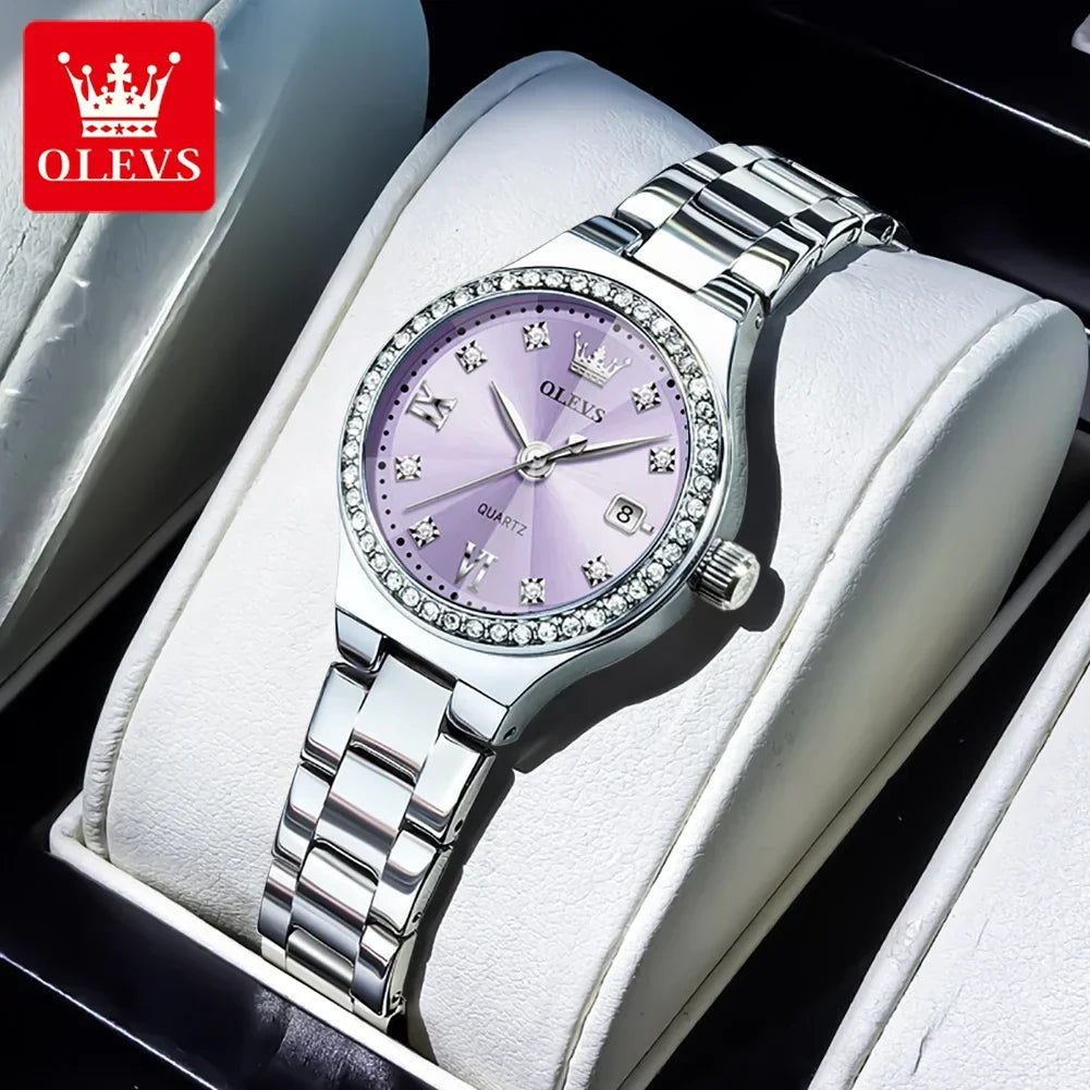 OLEVS 5628 Orologio al quarzo da donna Orologio da polso impermeabile luminoso in acciaio inossidabile con scala di diamanti e funzione data
