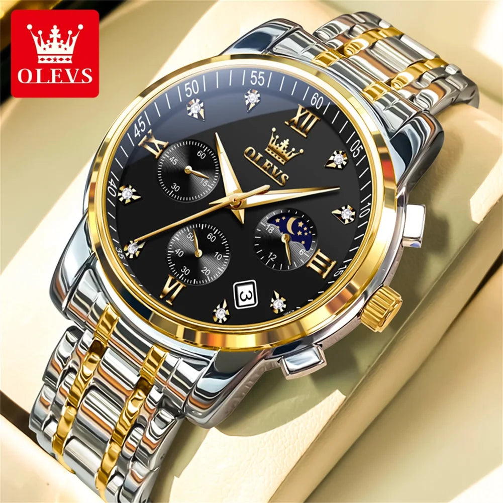 OLEVS 2858 Orologio da Uomo in Acciaio Inossidabile, Impermeabile, Antigraffio, con Fasi Lunari, Luminoso, Cronografo, Orologio da Polso al Quarzo di Lusso