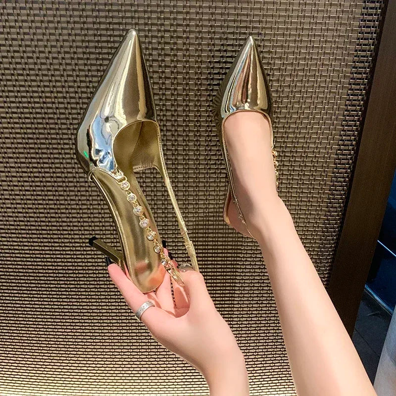 Shiny High Heels Slingback Silver Women Pumps Metallic Crystal Sandals Pointy Toe Stiletto Heeled Shoes Party Dress Shoes Woman