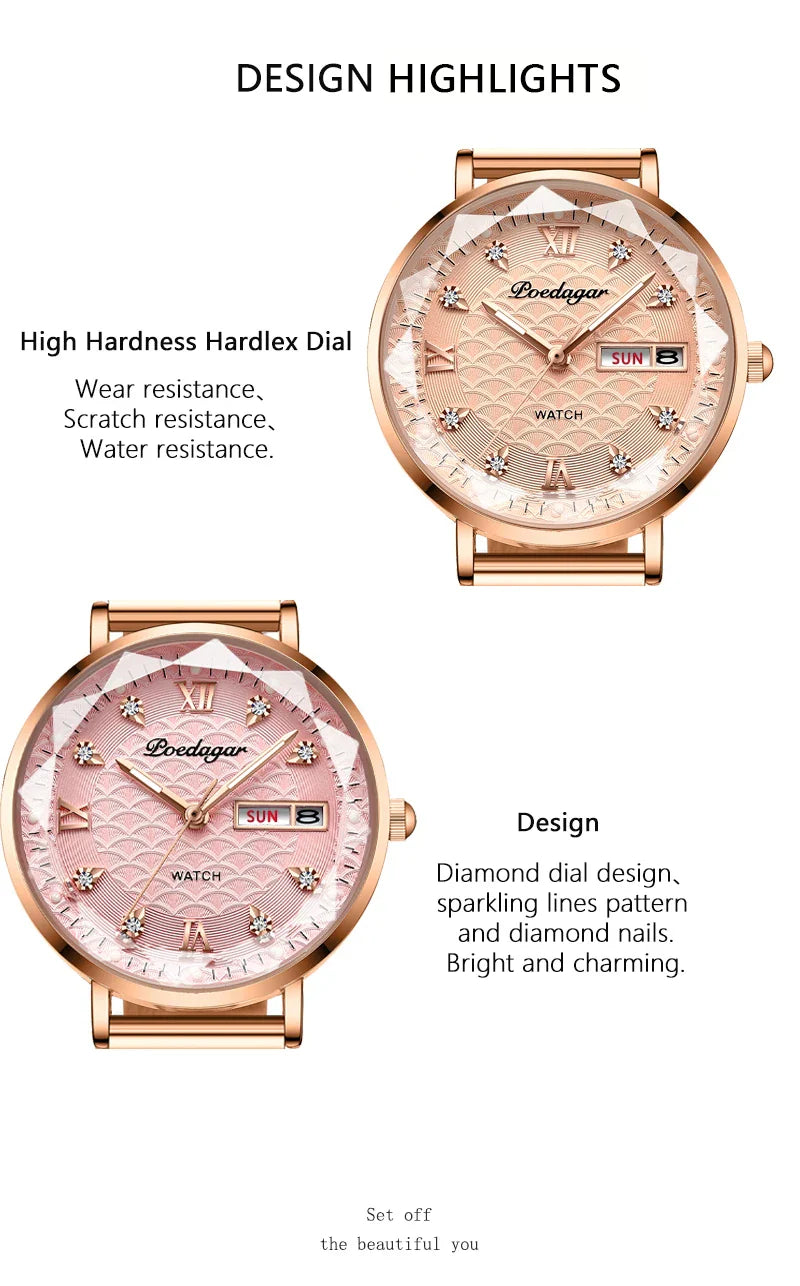 Orologio da donna POEDAGAR di alta qualità, in acciaio inossidabile, raffinato orologio da polso a bracciale, impermeabile, luminoso, elegante, orologio da donna, Reloj