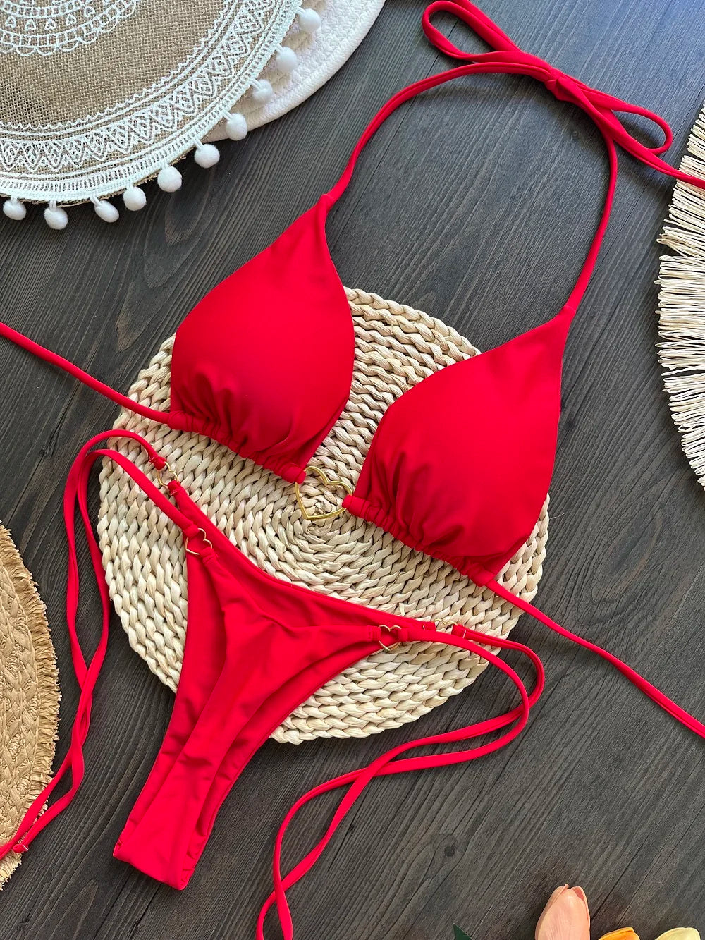 Costume da bagno bikini sexy da donna a tinta unita, due pezzi, rosso