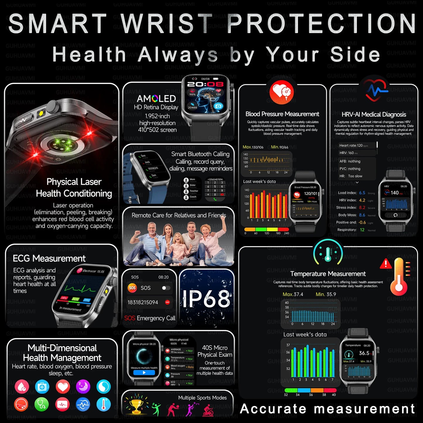 2025 Trattamento laser Tre Smartwatch alti 1.95 "Schermo curvo in zaffiro ECG + PPG Grasso nel sangue Acido urico Diagnosi salute Smartwatch