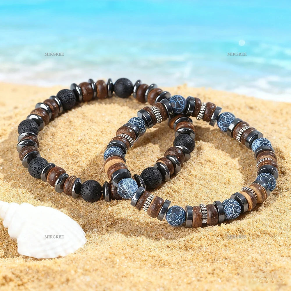 Set di braccialetti con perline in pietra naturale da uomo da 2 pezzi, gioielli da uomo in stile retrò fatto a mano all'aperto, regalo da uomo