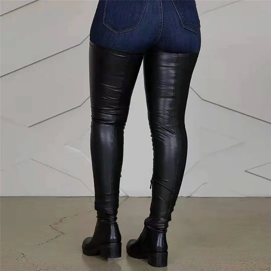 2025 Winter Over the Knee Women Boots European Platform Zipper Ladies Shoes Comfort Square High Heels Elastic Leather Long Boots