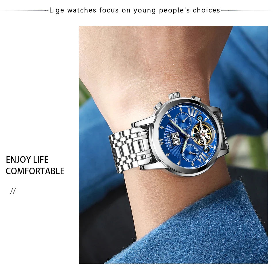 Orologi da Polso Meccanici Automatici LIGE 2026 per Uomo, Marca di Lusso, Orologio da Uomo con Tourbillon, Moda Business, Impermeabile