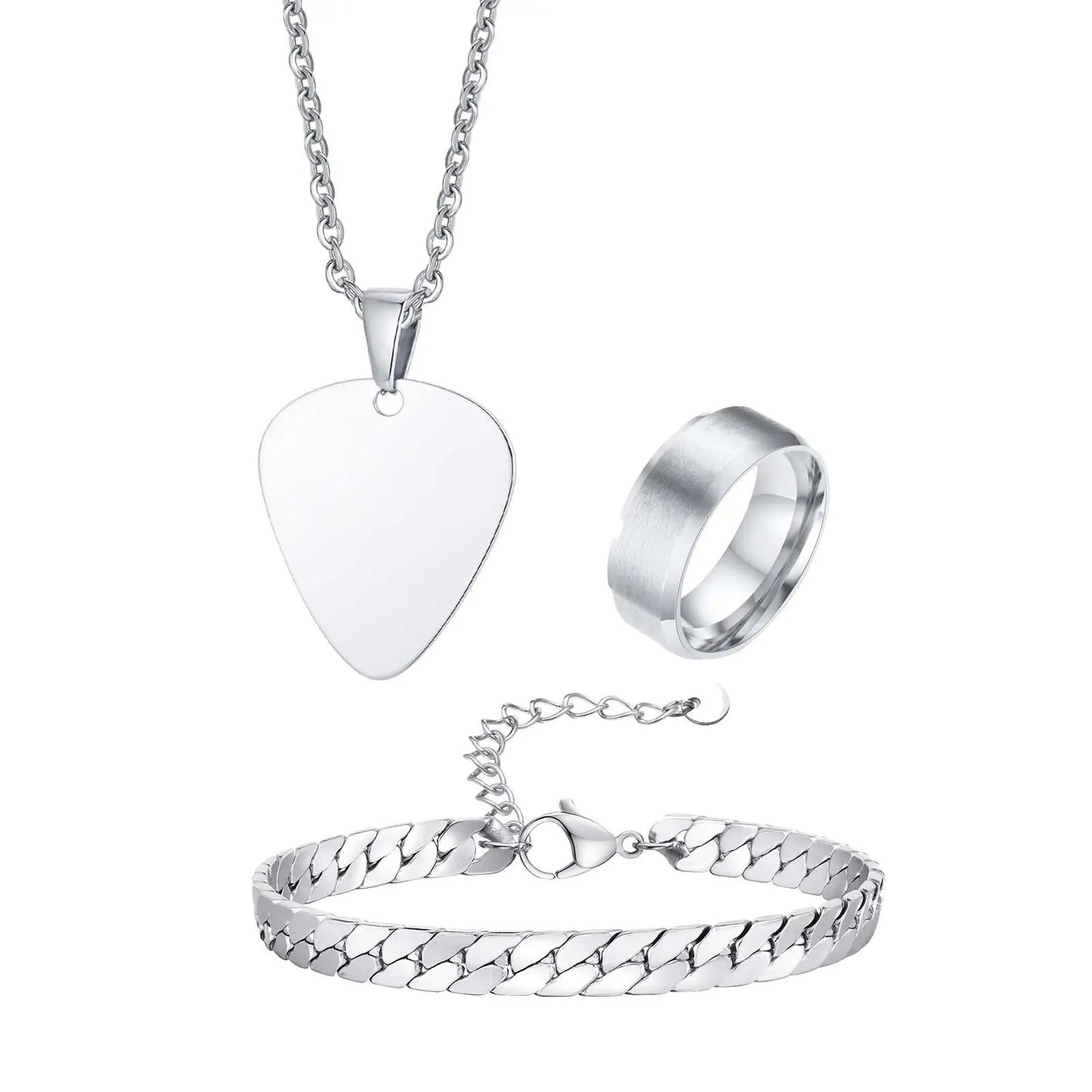 Set di 3 Pezzi: Collana con Ciondolo a Forma di Plettro per Uomo, Bracciale con Catena Cubana Piatta Stile Rock Punk, Set di Gioielli Classici da Uomo, Idea Regalo