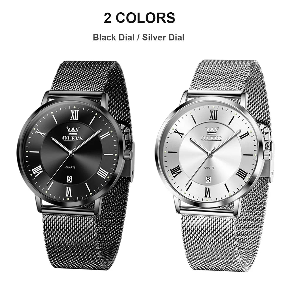 OLEVS 5623 Orologio al quarzo da uomo con quadrante minimalista con numeri romani, cinturino in maglia milanese, lancette luminose, datario, resistente all'acqua fino a 30 m