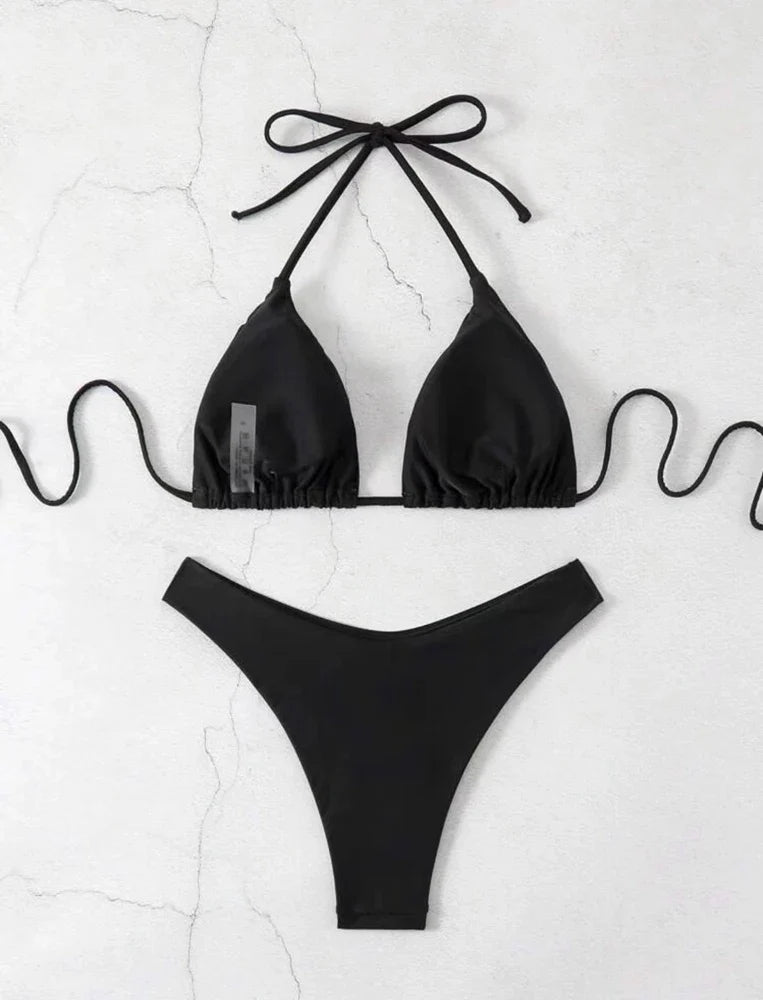 Costume da bagno bikini a perizoma da donna sexy, tinta unita bianco/nero/caffè, con laccetti, stile brasiliano, nuovo, in doppio tessuto, per la spiaggia