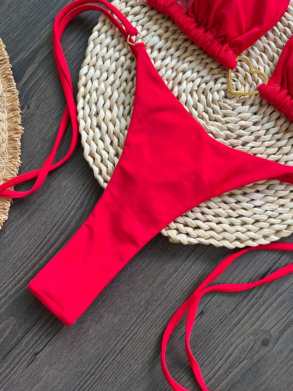 Costume da bagno bikini sexy da donna a tinta unita, due pezzi, rosso