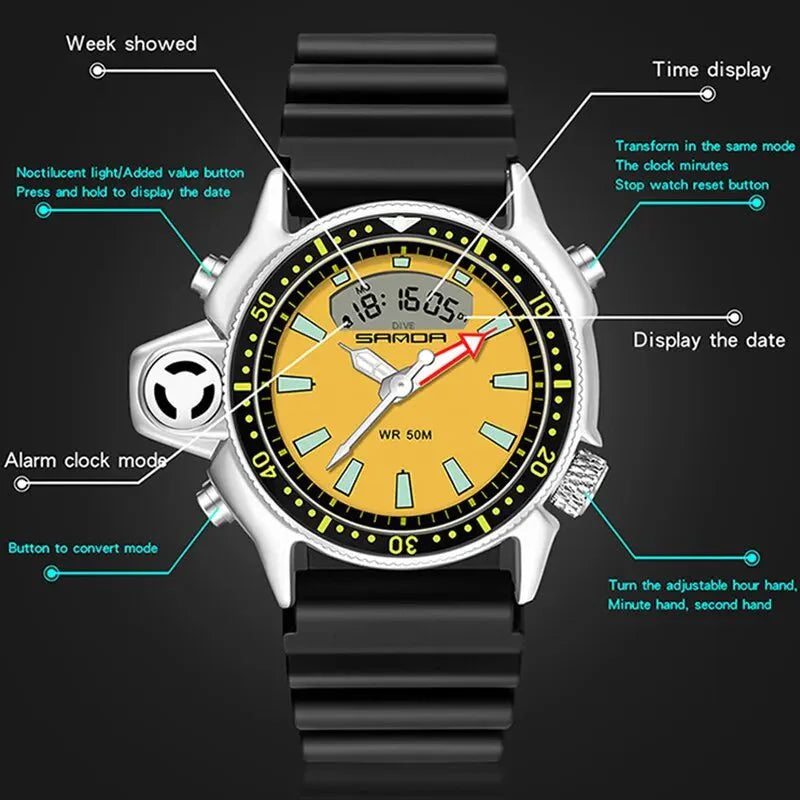SANDA Sport orologio digitale al quarzo da uomo orologi subacquei creativi orologio da uomo con allarme impermeabile orologio con doppio Display Relogio Masculino