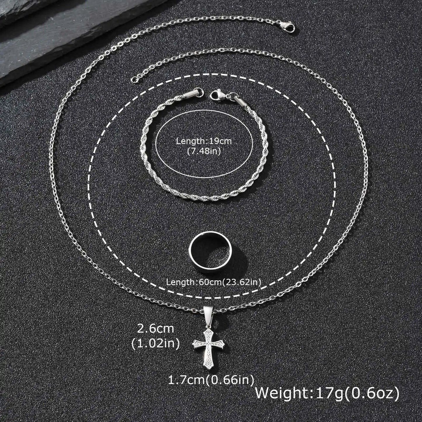 Set di Gioielli Hip Hop da Uomo 3 Pezzi, Ciondolo a Croce in Acciaio Inossidabile, Bracciale con Catena a Corda Intrecciata, Set di Gioielli Regalo per Papà, Figlio, Marito