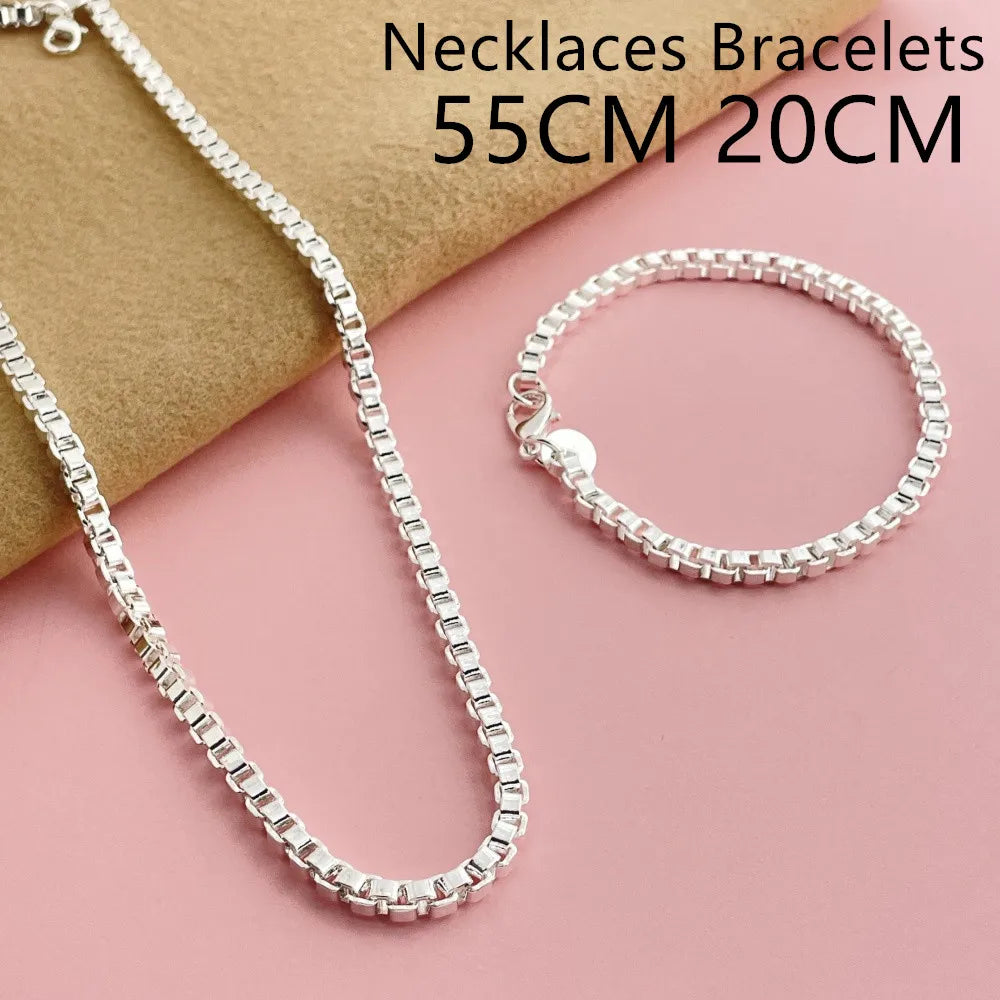 Andara Set di collana e bracciale a catena quadrata in argento sterling 925 da 4 mm per gioielli da festa per uomini e donne