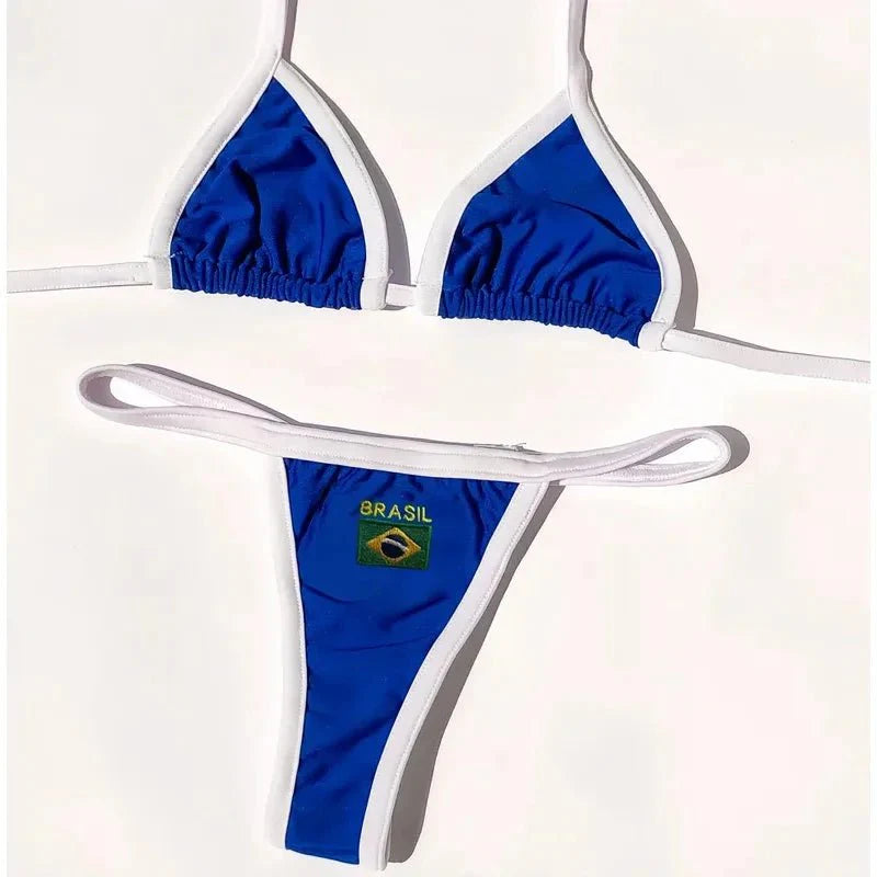 Costume da Bagno Bikini Brasiliano Ricamato a Contrasto con Patchwork per Donna - Set Estivo da Spiaggia