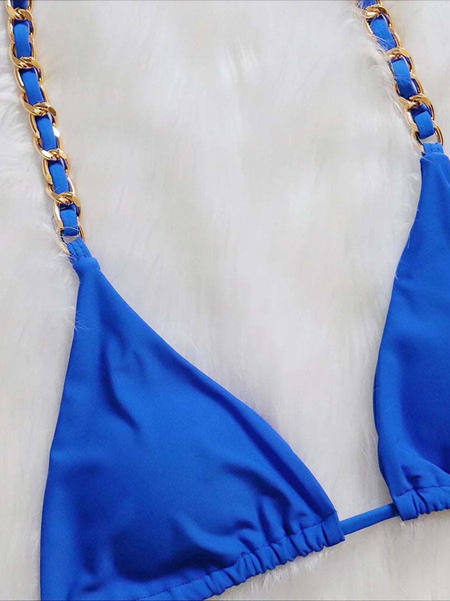 Bikini Brasiliano Due Pezzi con Catene Metalliche e Micro Perizoma, Costume da Bagno Donna