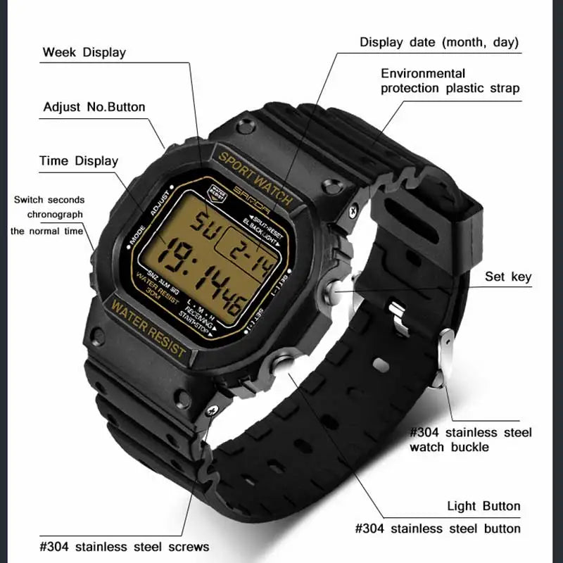 SANDA G Style LED Orologio digitale Unisex Antiurto Impermeabile Orologi sportivi Ragazzo Ragazza Cronometro Orologio elettronico a LED militare