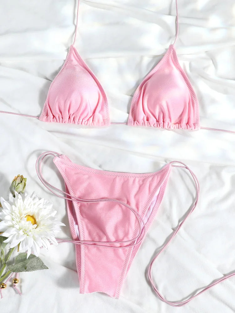 Set Bikini Triangolo Sexy Micro Thong, Costume da Bagno Donna, Biquini con Lacci, Abbigliamento da Spiaggia Stampato, Bikini Thong