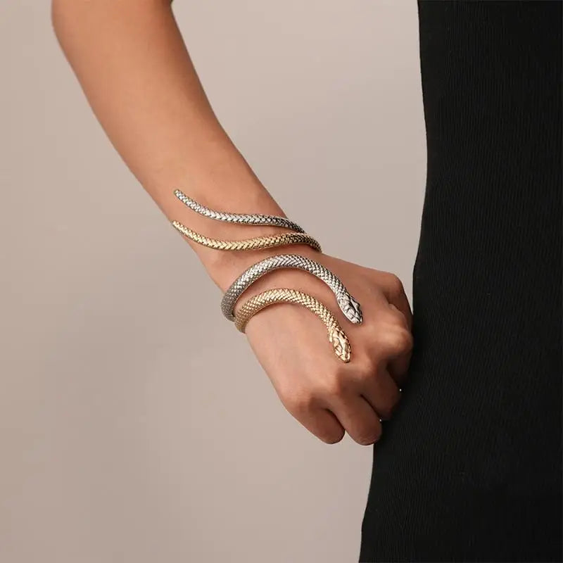 Offerta Speciale: Set di 2 Bracciali e Anelli a Forma di Serpente Punk, Bracciali Apribili a Spirale e Anelli per Dita, Gioielli per Mani Unisex