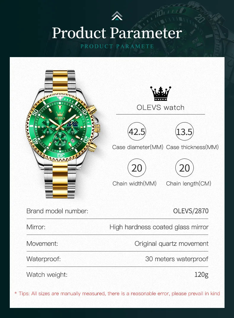 OLEVS Orologi da uomo Orologio di lusso delle migliori marche da uomo Cronografo originale impermeabile in acciaio inossidabile Fasi lunari Data Quadrante Rota