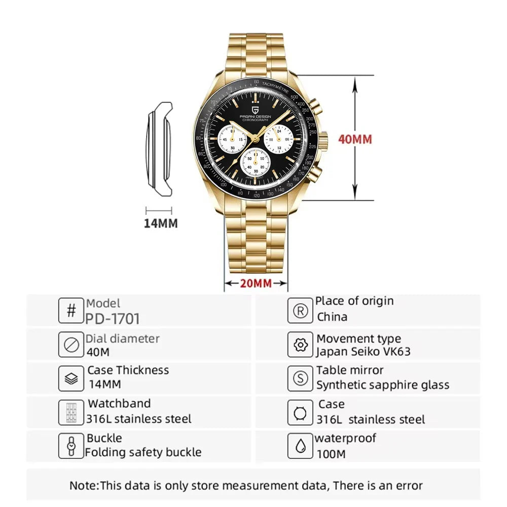 Nuovo Orologio da Uomo PAGANI DESIGN Golden Moon 2026, Orologio al Quarzo di Lusso, Cronografo Sportivo, Vetro Zaffiro AR, Impermeabile, Regalo