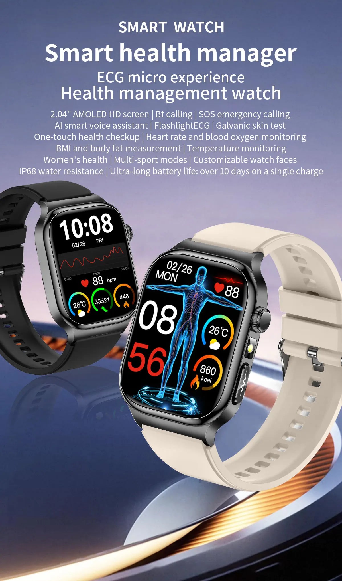 2026 Nuovo Misurazione Accurata Salute Smart Watch ECG + PPG Acido Urico Pressione Sanguigna Lipidi Nel Sangue Chiamata BT Smartwatch Per Le Donne Degli Uomini
