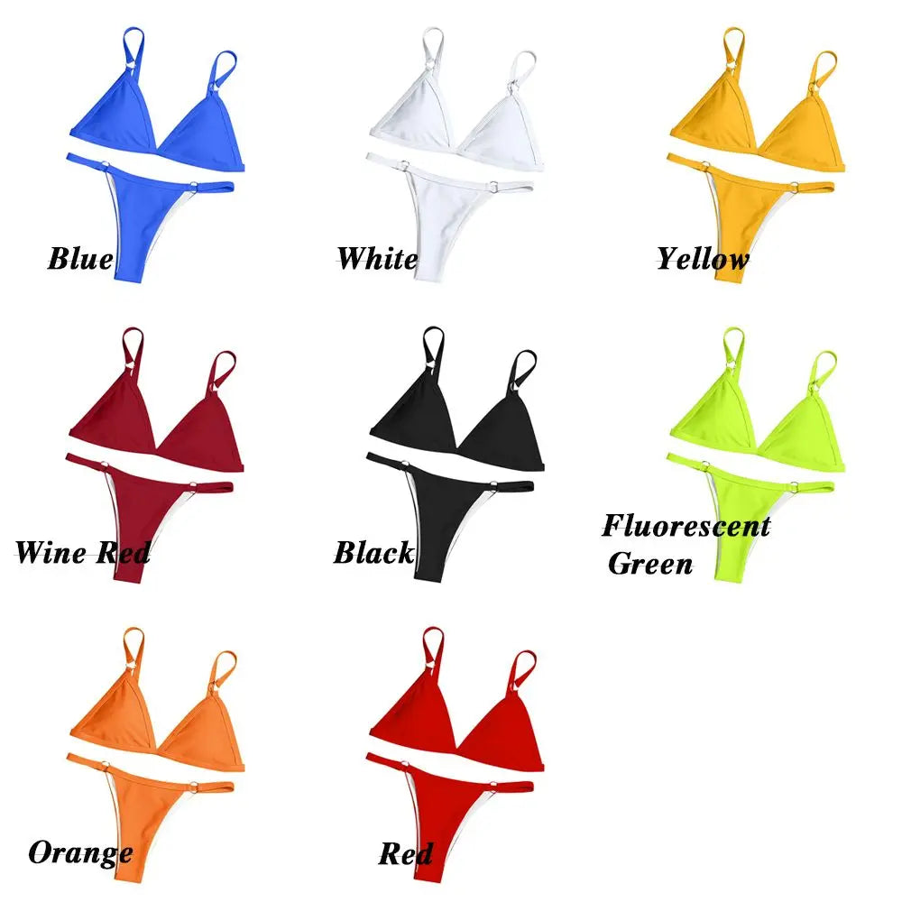 Costume da bagno bikini sexy da donna in tinta unita con fibbia in metallo decorato con costumi da bagno brasiliani per vacanze al mare