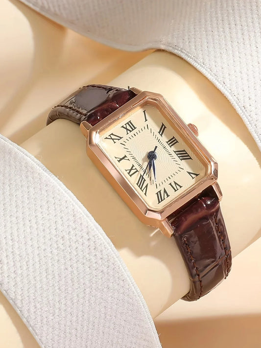 Orologio al quarzo con puntatore rettangolare Casual orologio da polso analogico in pelle PU retrò moda roma per donna e ragazza