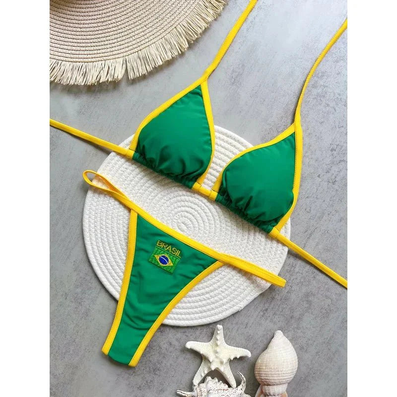 Costume da Bagno Bikini Brasiliano Ricamato a Contrasto con Patchwork per Donna - Set Estivo da Spiaggia