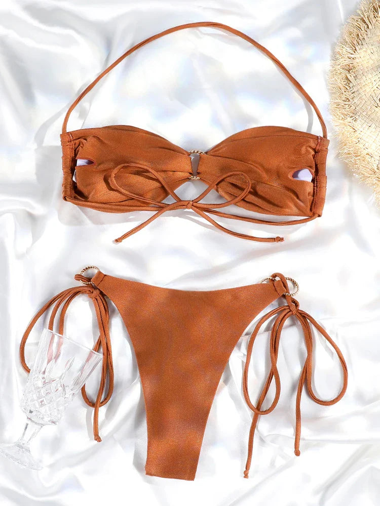 Set Bikini a Fascia da Donna con Pieghe, Costume da Bagno Sexy con Laccetti, Bikini Brasiliano con Bendaggio, Abbigliamento da Spiaggia