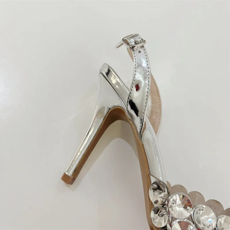 Hlieny Hollow Out Patent Leather Women Pumps Fashion Crystal Diamonds Pointed Toe Gold Silver High Heels Shoes Stiletto Sandals