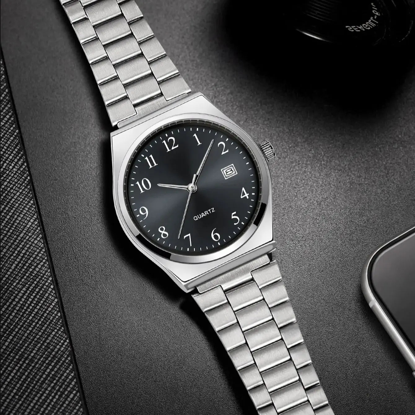 LUCKY FOX - Orologio da polso elegante e minimalista in acciaio inossidabile con quadrante nero - Cronometraggio preciso per tutti i giorni