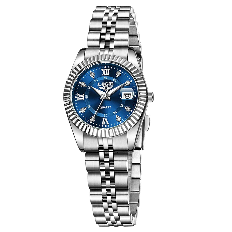 Orologio da Polso LIGE di Lusso con Strass per Donna, Cinturino in Acciaio Inossidabile, Movimento al Quarzo, Regalo, Reloj Mujer