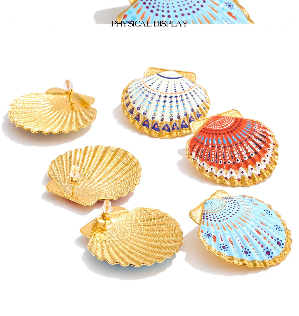 Yhpup Ocean Style Acciaio inossidabile Smalto Y2K Conchiglia in metallo Grandi orecchini a bottone per le donne Gioielli estivi 2026 PVD placcato